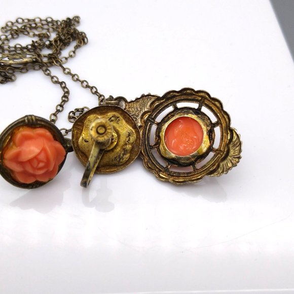 Vintage Celluloid Coral Carved Parure on Sterling Silver with Gold Wash Vermeil - Picture 6 of 8